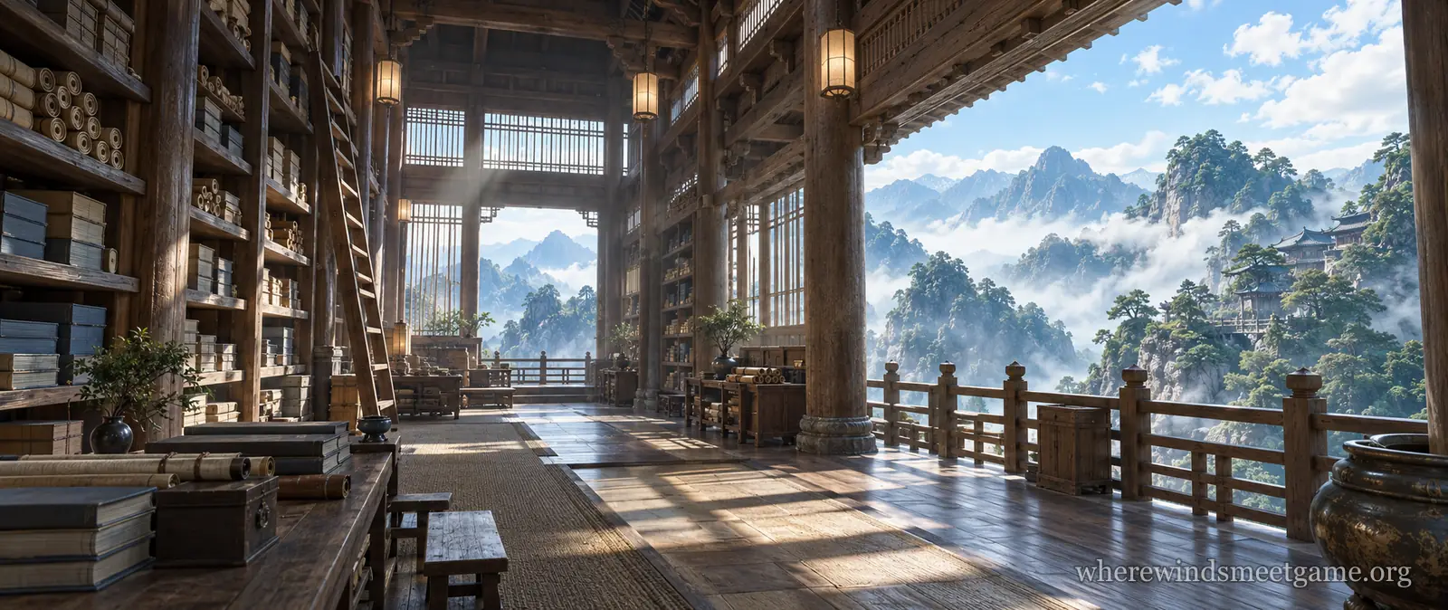 Illustration of a tall wooden archive hall with shelves of scrolls and boxes, a ladder and lanterns, opening onto a balcony with a view of misty mountains