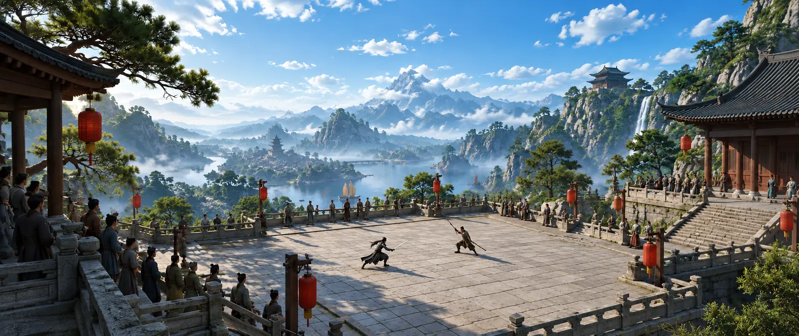 Illustration of two small fighters facing each other on a wide stone arena in a temple courtyard, with spectators along the railings, red lanterns and misty mountains around
