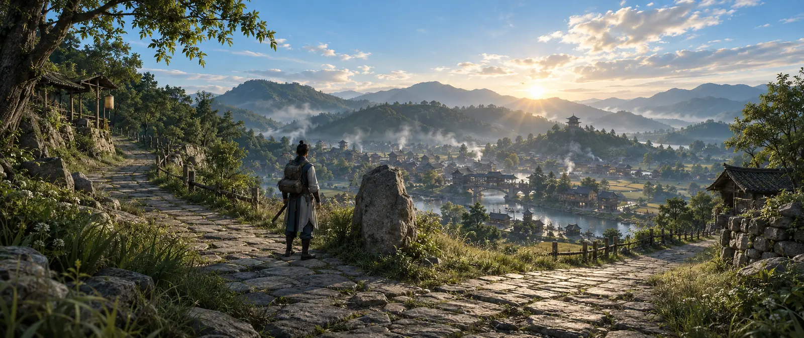 Illustration of a young traveler with a pack and a sword standing on a stone path beside a large rock at sunrise, above a valley town with misty rivers and mountains