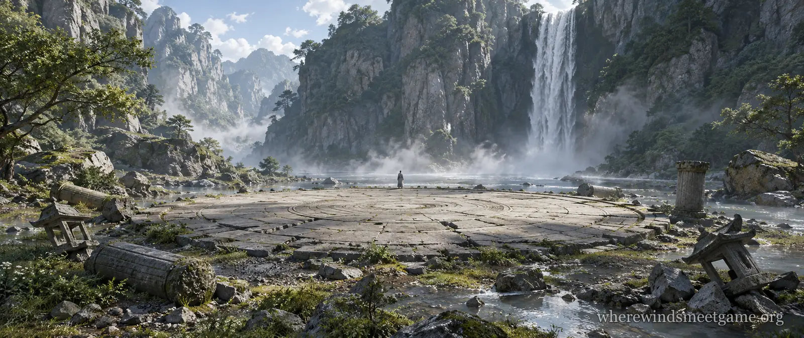 Illustration of a cracked round stone platform at the foot of a tall waterfall in a misty gorge, with fallen pillars and a toppled lantern, and one small robed figure standing at its far edge