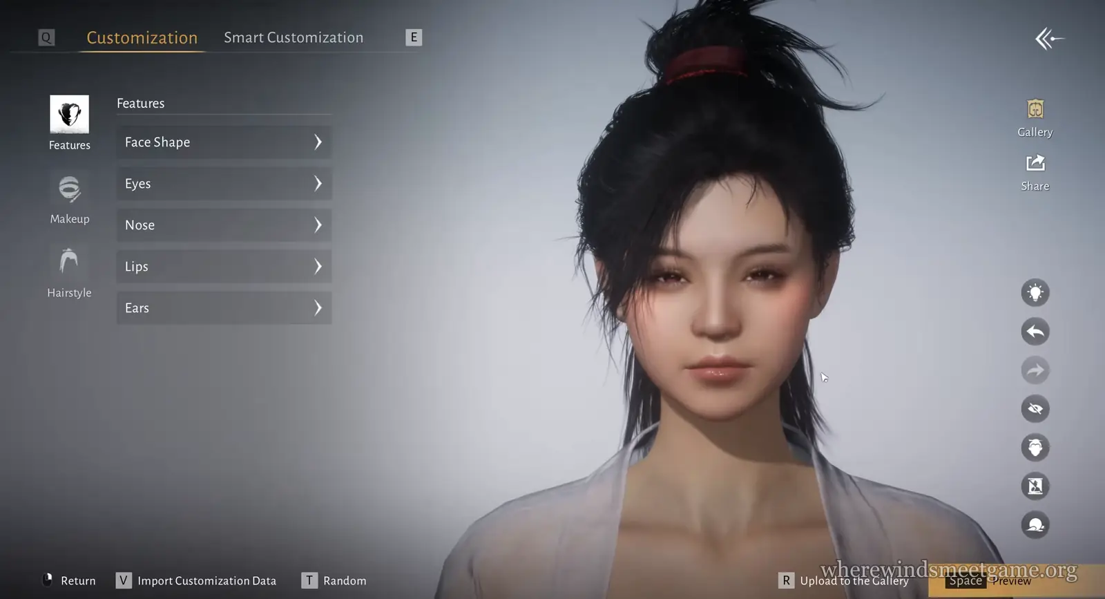 Where Winds Meet character creator: the Features menu with Face Shape, Eyes, Nose, Lips and Ears, Gallery and Share on the right, and Import Customization Data and Upload to the Gallery along the bottom