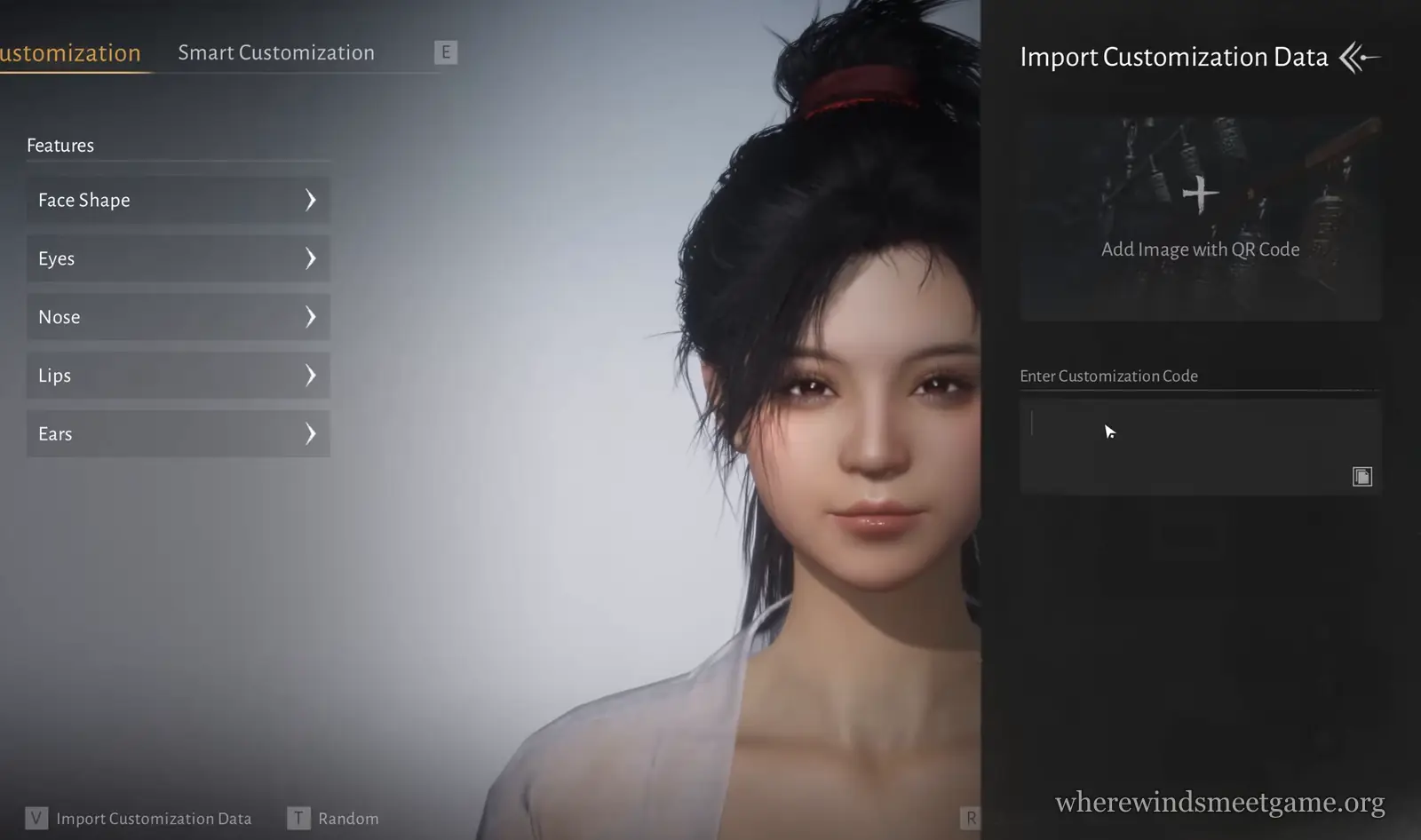 Where Winds Meet character creator with the Import Customization Data panel open: Add Image with QR Code at the top and an empty Enter Customization Code box below it
