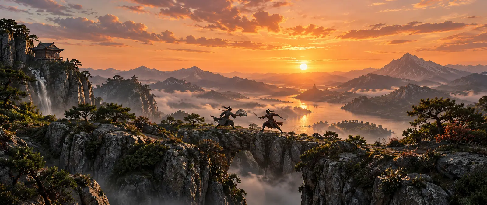 Illustration of two small fighters crossing weapons on a rocky ridge at sunset, with an orange sky, a river and mountains fading into the haze