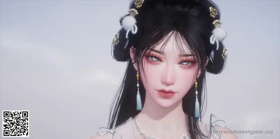 Where Winds Meet character creation share card: a woman with black hair in two buns with white pompoms and gold pins, pale blue eyes and long blue tassel earrings, with the card's QR code in the bottom-left corner