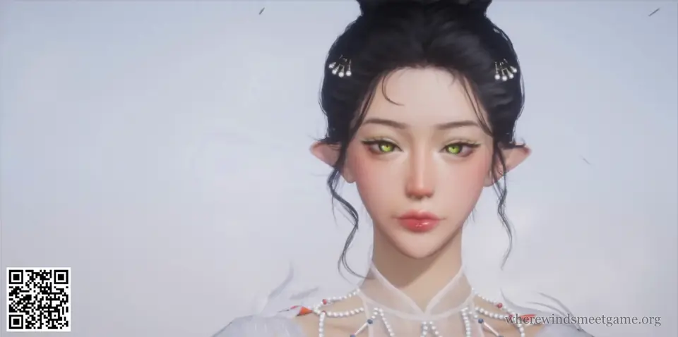 Where Winds Meet character creation share card: a woman with black hair in a high bun with pearl pins, green eyes, pointed ears and a sheer collar sewn with pearls, with the card's QR code in the bottom-left corner