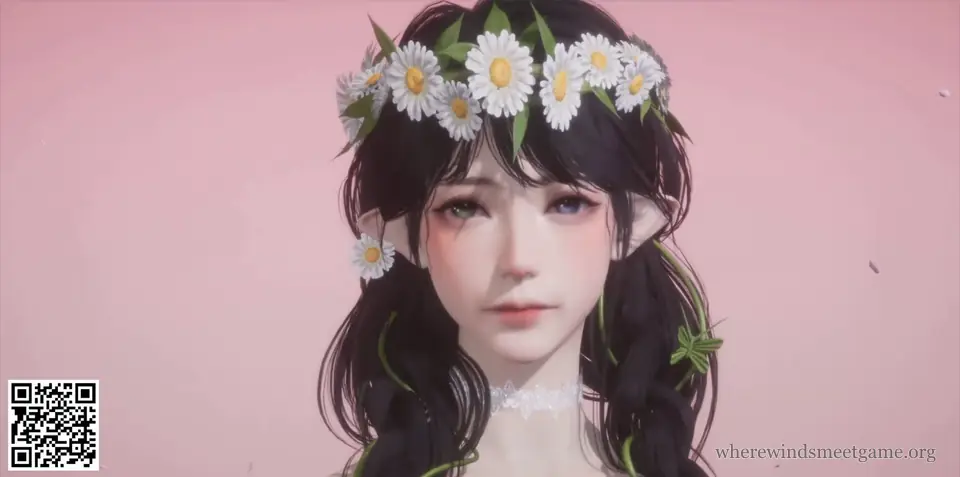 Where Winds Meet character creation share card: a woman with a crown of daisies, one green and one blue eye, pointed ears and long dark braids, on a pink background, with the card's QR code in the bottom-left corner