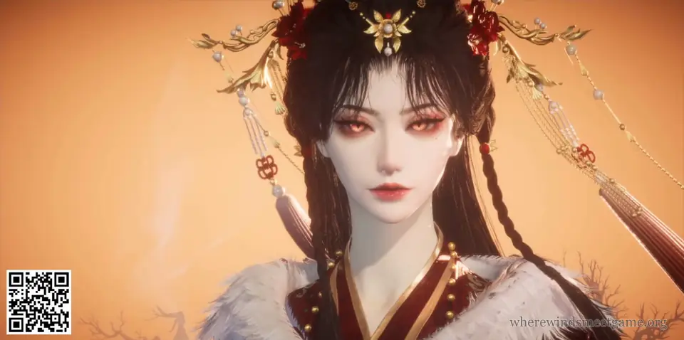 Where Winds Meet character creation share card: a woman in a red and gold headdress with red eyes and a red robe with a white fur collar, on an orange background, with the card's QR code in the bottom-left corner