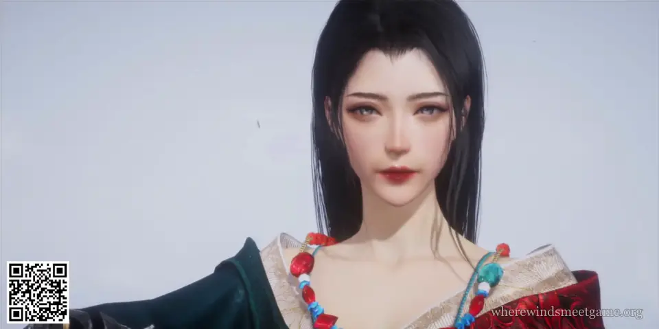 Where Winds Meet character creation share card: a woman with long straight black hair, grey eyes, red lips and a necklace of red and turquoise beads, with the card's QR code in the bottom-left corner