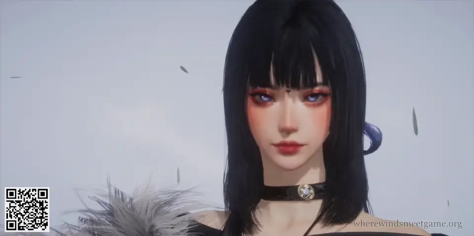 Where Winds Meet character creation share card: a woman with a black bob and heavy bangs, violet eyes, red eye makeup and a black choker, with the card's QR code in the bottom-left corner