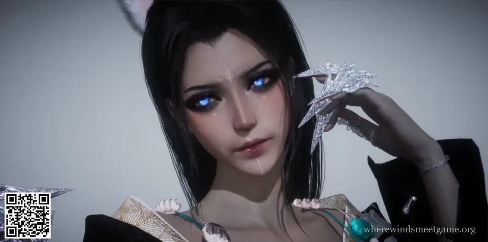 Where Winds Meet character creation share card: a woman with glowing blue eyes and long black hair, holding up a hand with a silver claw ornament, with the card's QR code in the bottom-left corner