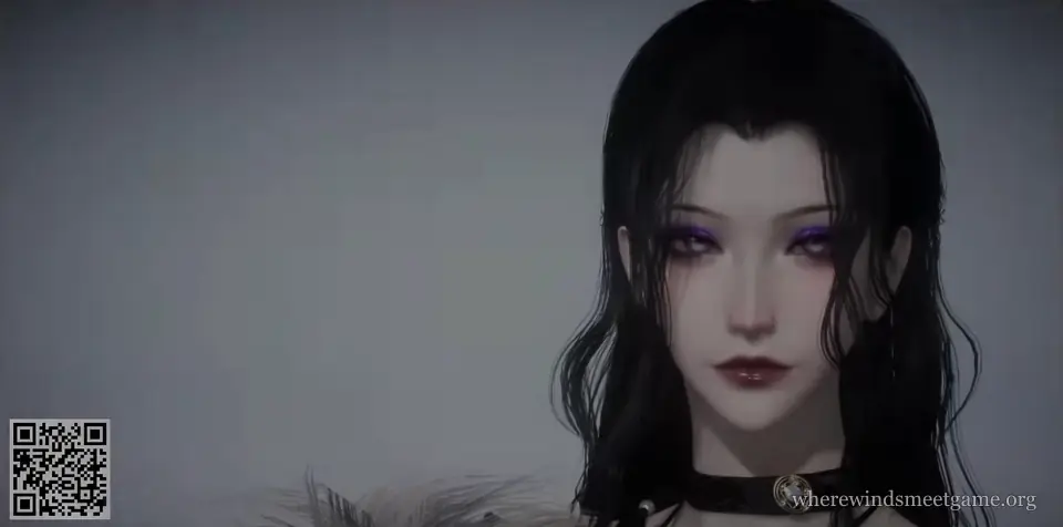Where Winds Meet character creation share card: a woman with long wavy black hair, violet eye shadow, dark red lips and a black choker, with the card's QR code in the bottom-left corner