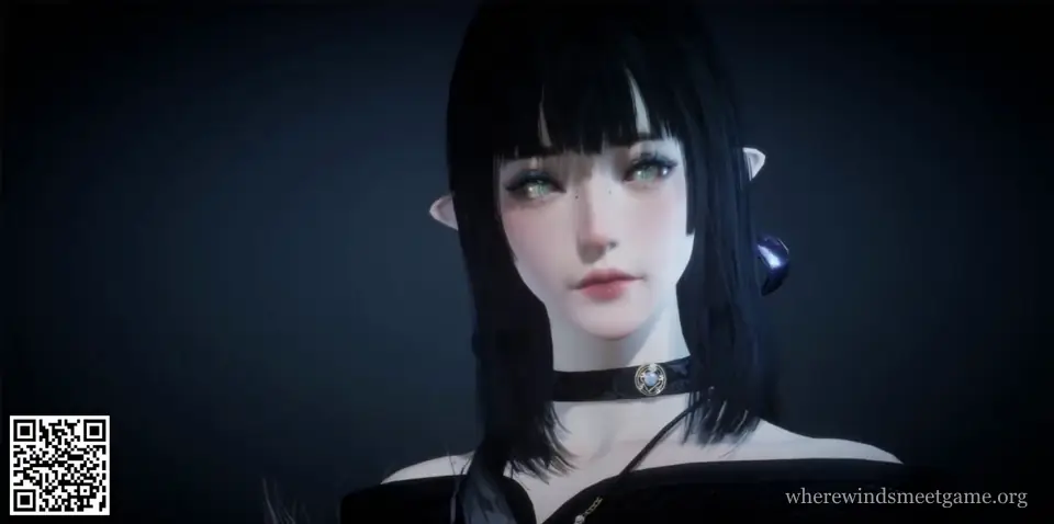Where Winds Meet character creation share card: a woman with a black bob and bangs, green eyes, pointed ears and a black choker, on a dark blue background, with the card's QR code in the bottom-left corner