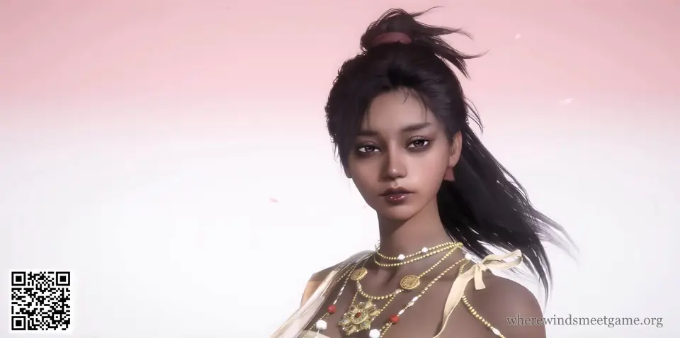 Where Winds Meet character creation share card: a woman with tanned skin, a high ponytail and layered gold necklaces, on a pink background, with the card's QR code in the bottom-left corner