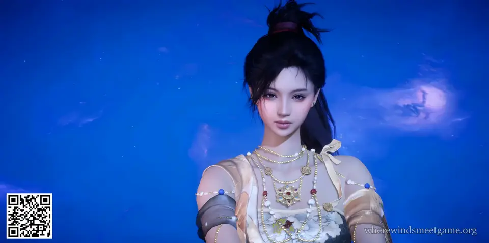 Where Winds Meet character creation share card: a woman with a high bun tied with a red band and pearl and gold necklaces, on a starry blue background, with the card's QR code in the bottom-left corner