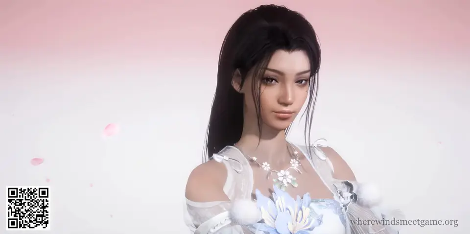 Where Winds Meet character creation share card: a woman with long dark hair and warm skin in a white dress with a blue flower, on a pink background, with the card's QR code in the bottom-left corner