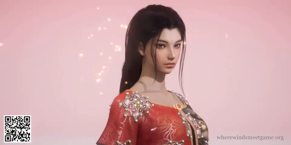 Where Winds Meet character creation share card: a woman with long dark hair and warm skin in a red embroidered top trimmed with pearls, on a pink background, with the card's QR code in the bottom-left corner