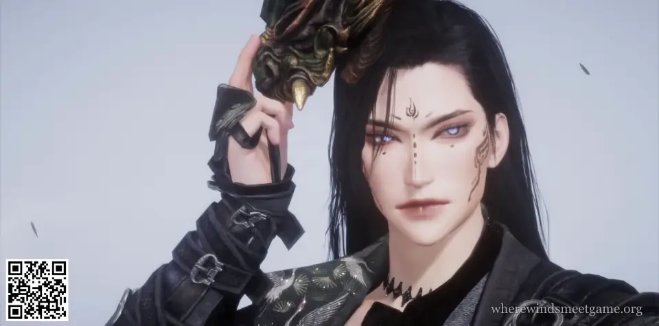 Where Winds Meet character creation share card: a man with long black hair, pale blue eyes and a mark on his forehead, a horned mask pushed up on his head, with the card's QR code in the bottom-left corner
