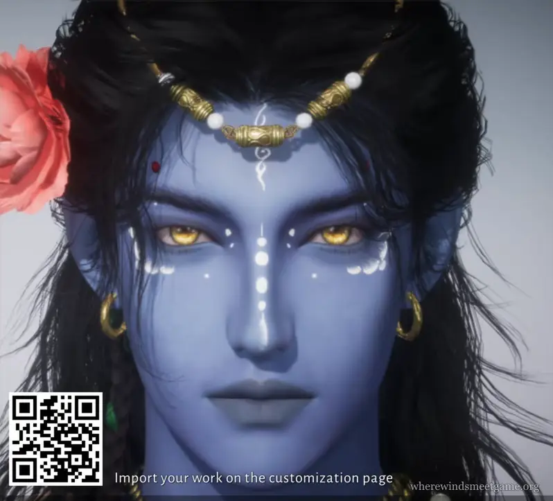 Where Winds Meet character creation share card: a man with blue skin, gold eyes, white face paint and a red flower in his hair, with the card's QR code in the bottom-left corner