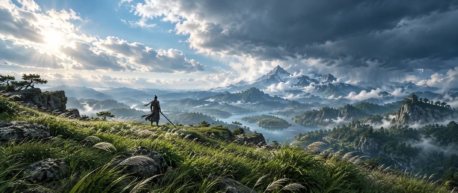 Illustration of a small armored warrior with a long blade standing on a grassy highland, with storm clouds over distant snowy mountains and sunlight breaking through