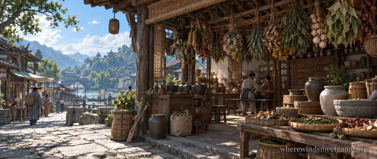 Illustration of a herbalist shop open to a town street, with bundles of herbs drying under the roof, jars and baskets of dried herbs, and a physician tending a patient on a bench inside