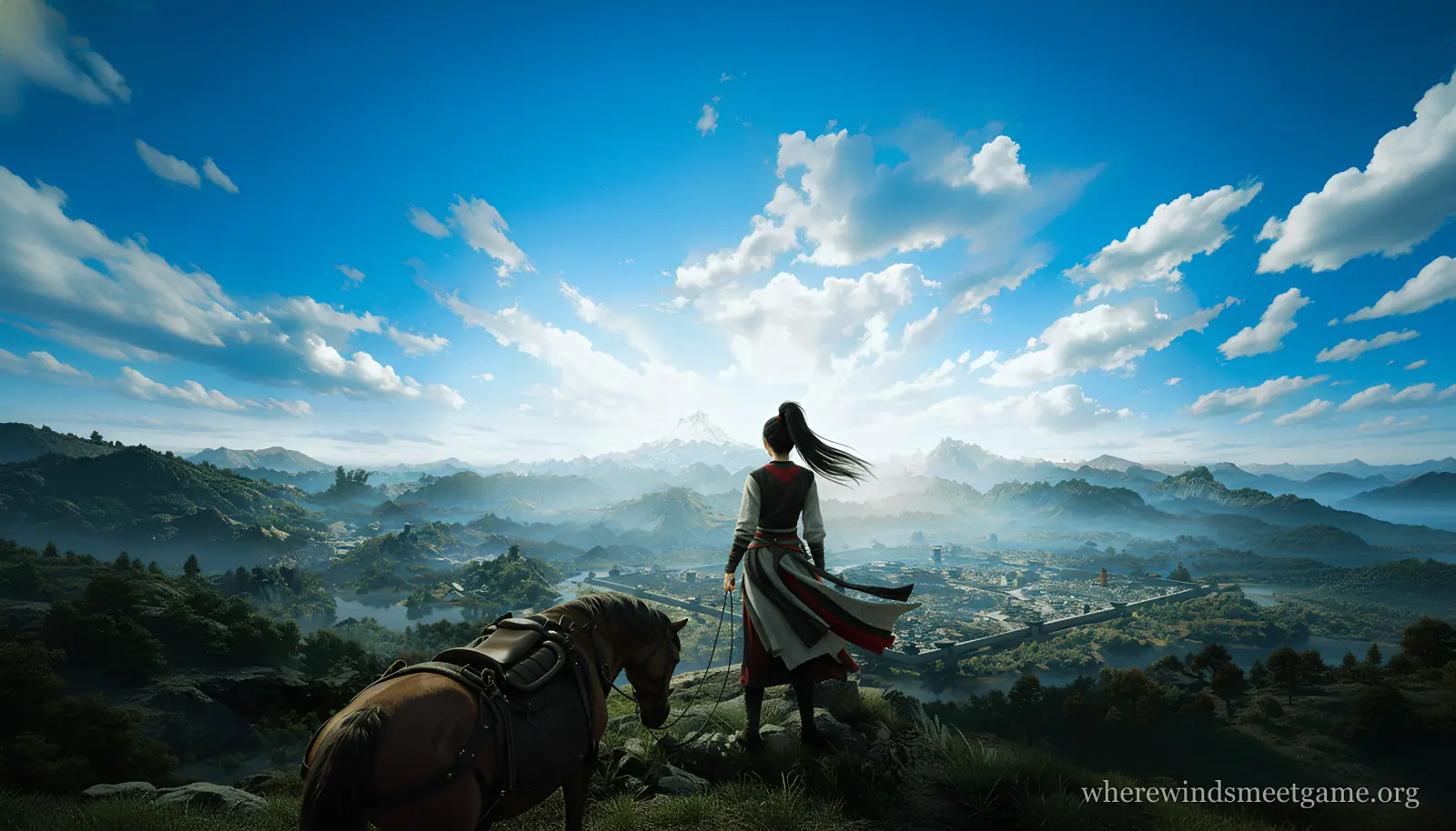 Illustration of a woman in a white, black and red robe with a long ponytail holding a horse by the reins on a hilltop, looking out over a walled city, misty green hills and snowy mountains under a bright blue sky with white clouds
