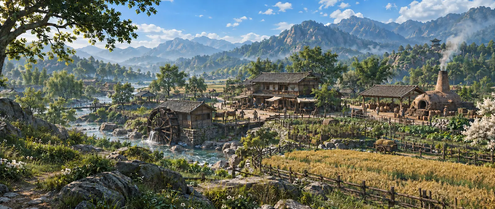 Illustration of a homestead in a sunny valley with a golden grain field, fenced paddocks, a water mill on a stream, wooden houses and a pottery kiln with a thin line of smoke, under green mountains