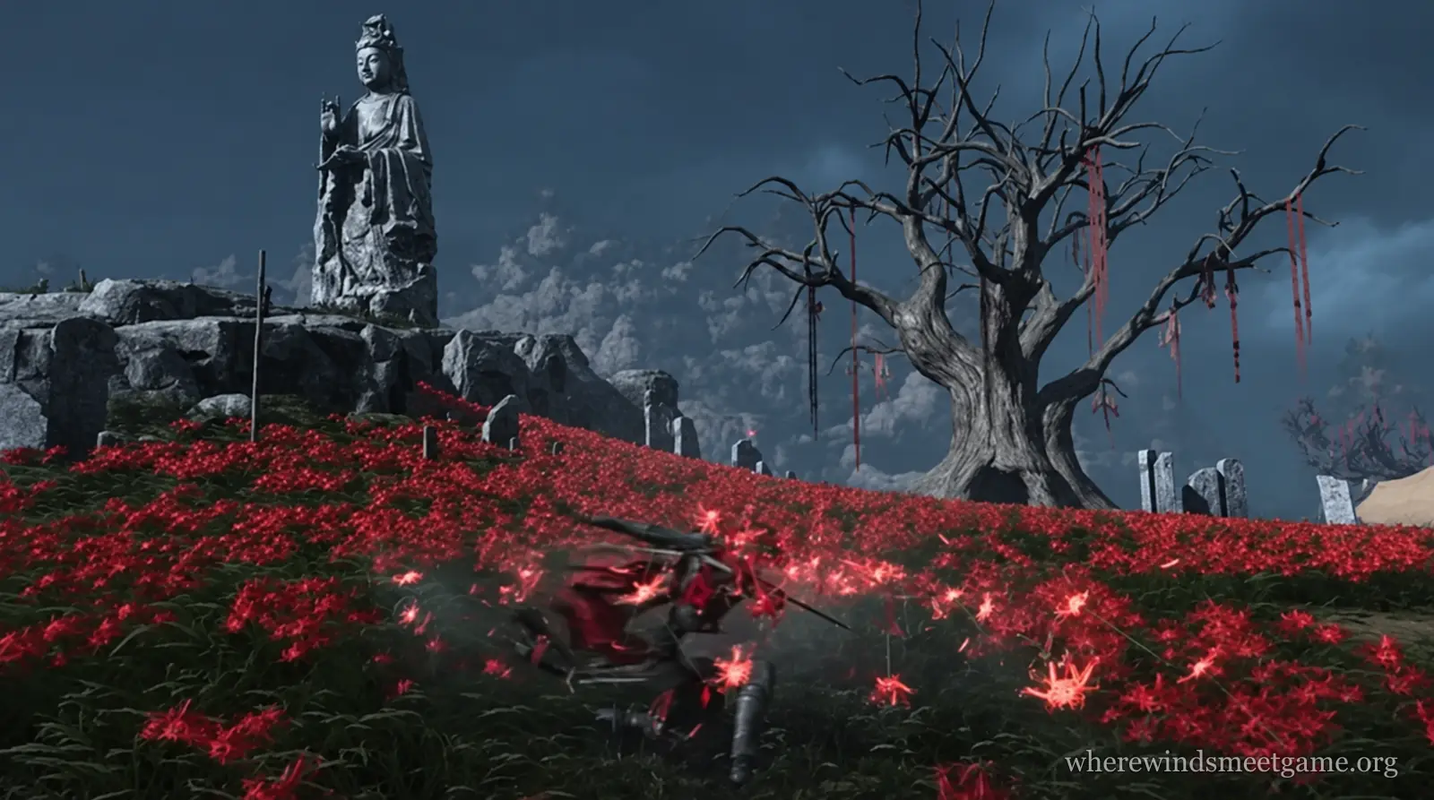 Where Winds Meet game image: a fighter in red dashes low across a slope of red spider lilies with red sparks flying, under a stone statue and a dead tree on a stormy evening