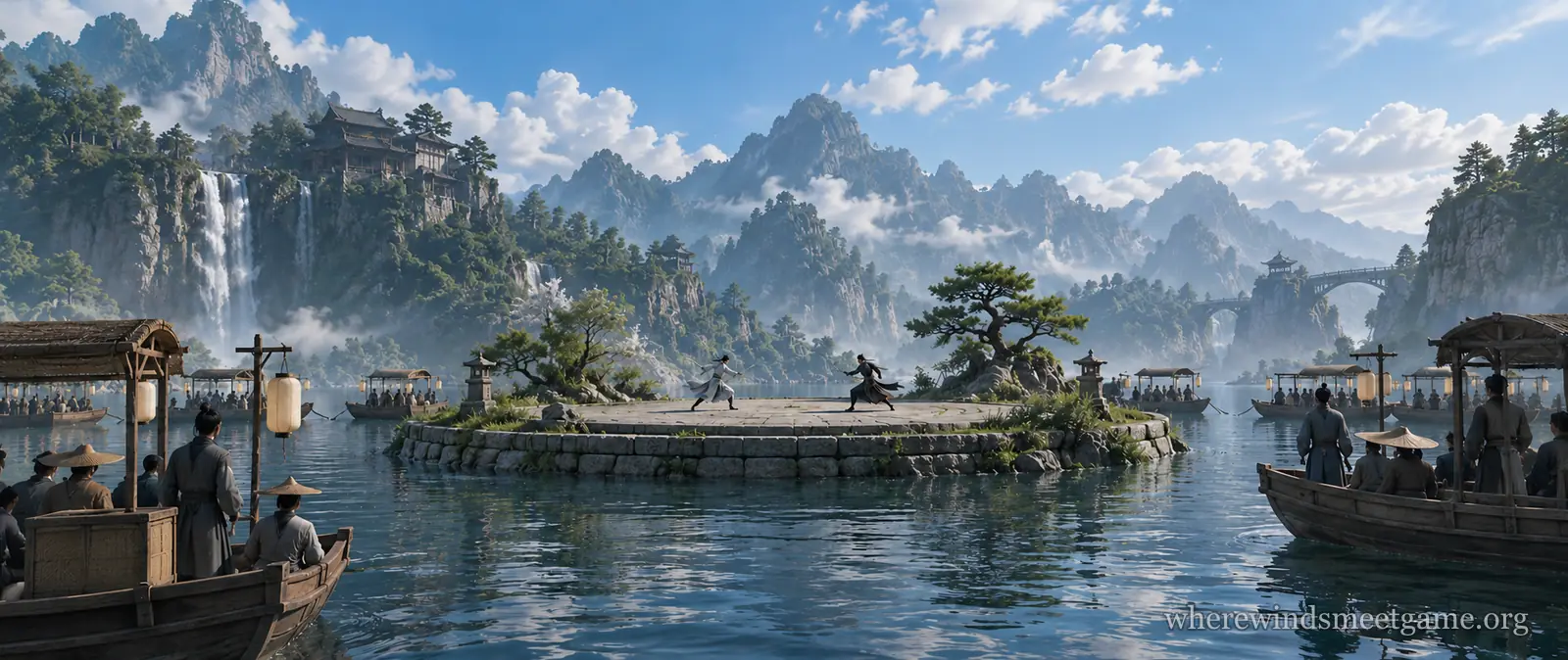 Illustration of a round stone dueling platform on a small lake island where two small fighters cross swords, with spectators watching from moored boats and steep green mountains with waterfalls around