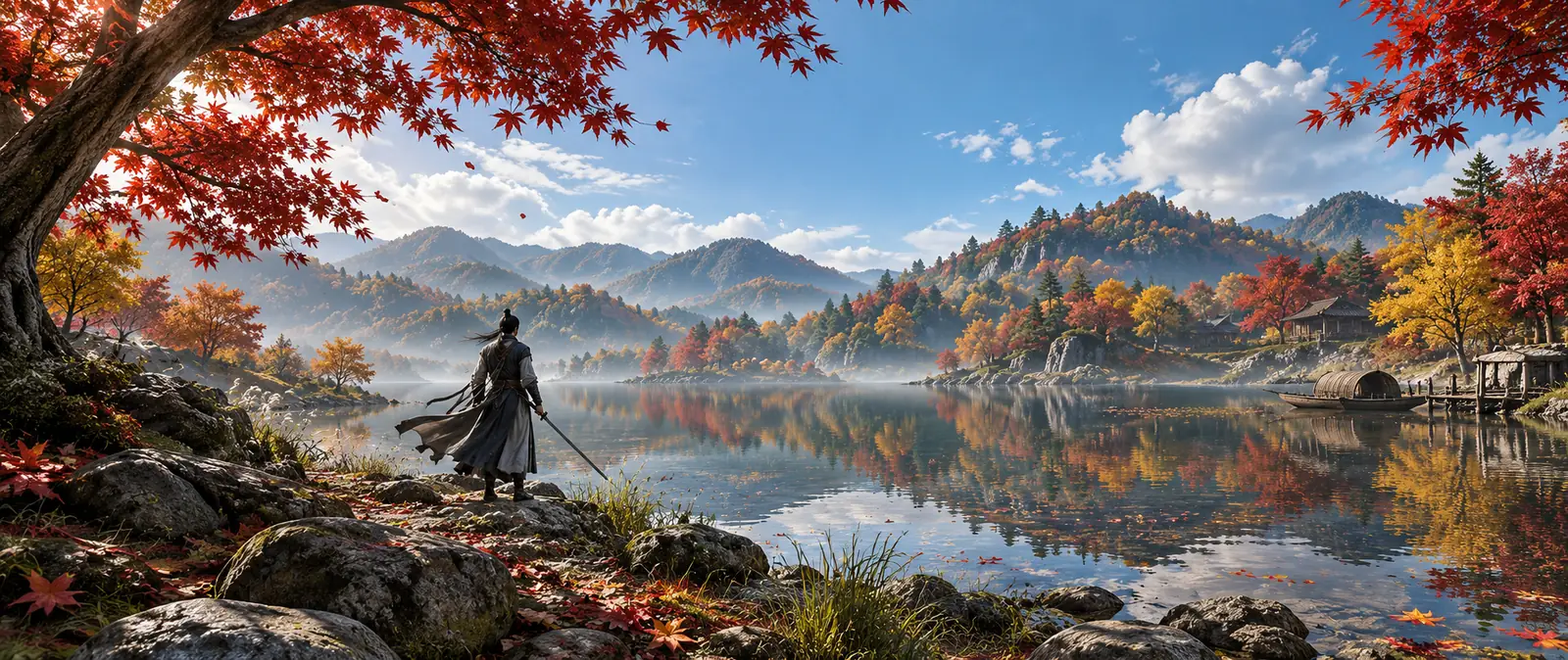 Illustration of a swordsman seen from behind on a lakeshore lined with red and gold maple trees in autumn, holding a long sword, with still water reflecting the hills