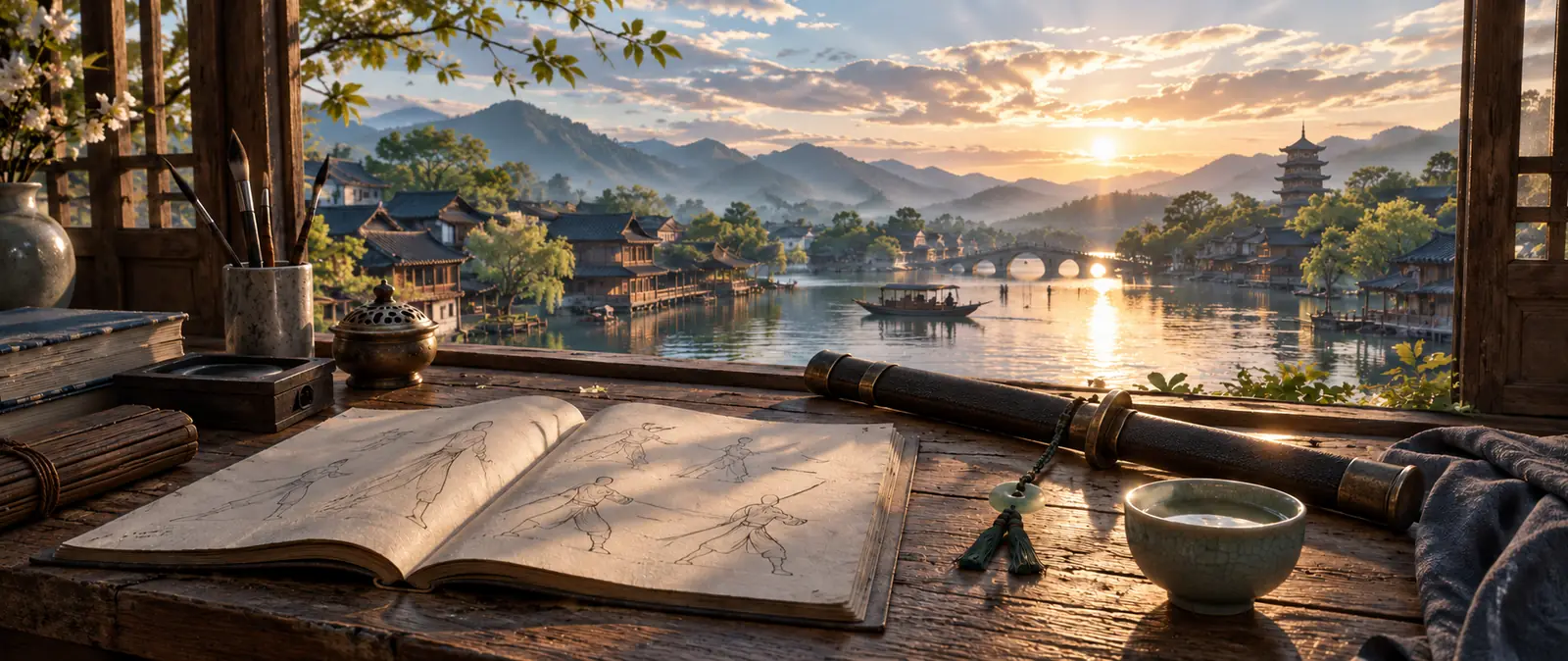 Illustration of an open manual with sketches of fighting stances on a wooden table by a window, with brushes, an incense burner, a tea bowl, a scroll case and a jade pendant, and a lake town at sunset outside