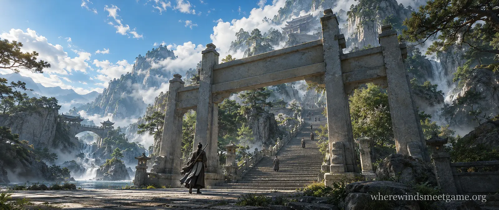 Illustration of a tall stone gateway arch without inscriptions at the foot of a long stone stairway that climbs past waterfalls toward temples on misty peaks, with a small figure at the gate