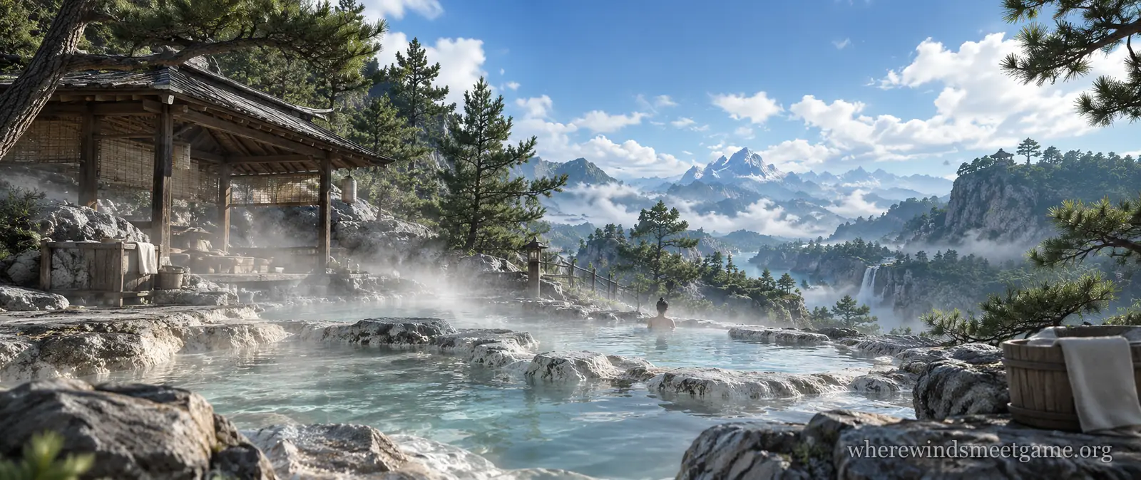 Illustration of a natural hot spring among rocks and pines in the mountains with steam rising, a small figure soaking at the far edge, a wooden bathhouse and snowy peaks in the distance