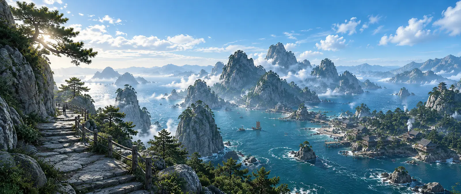 Illustration of a coastal mountain region with grey granite peaks rising from a blue sea, small rocky islands and a fishing village on the shore, seen from a stone path on a cliff