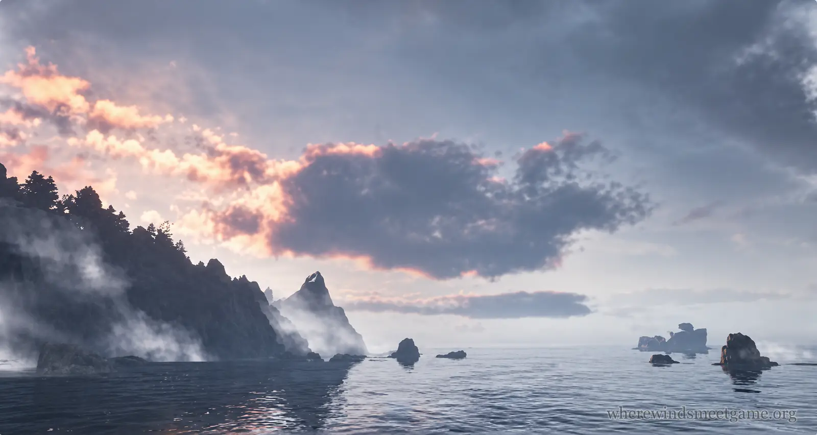 Where Winds Meet game image: a misty sea coast from the Qingzhou story, with a forested headland, a pointed rock peak and small rocky islands on calm water under pink-edged clouds