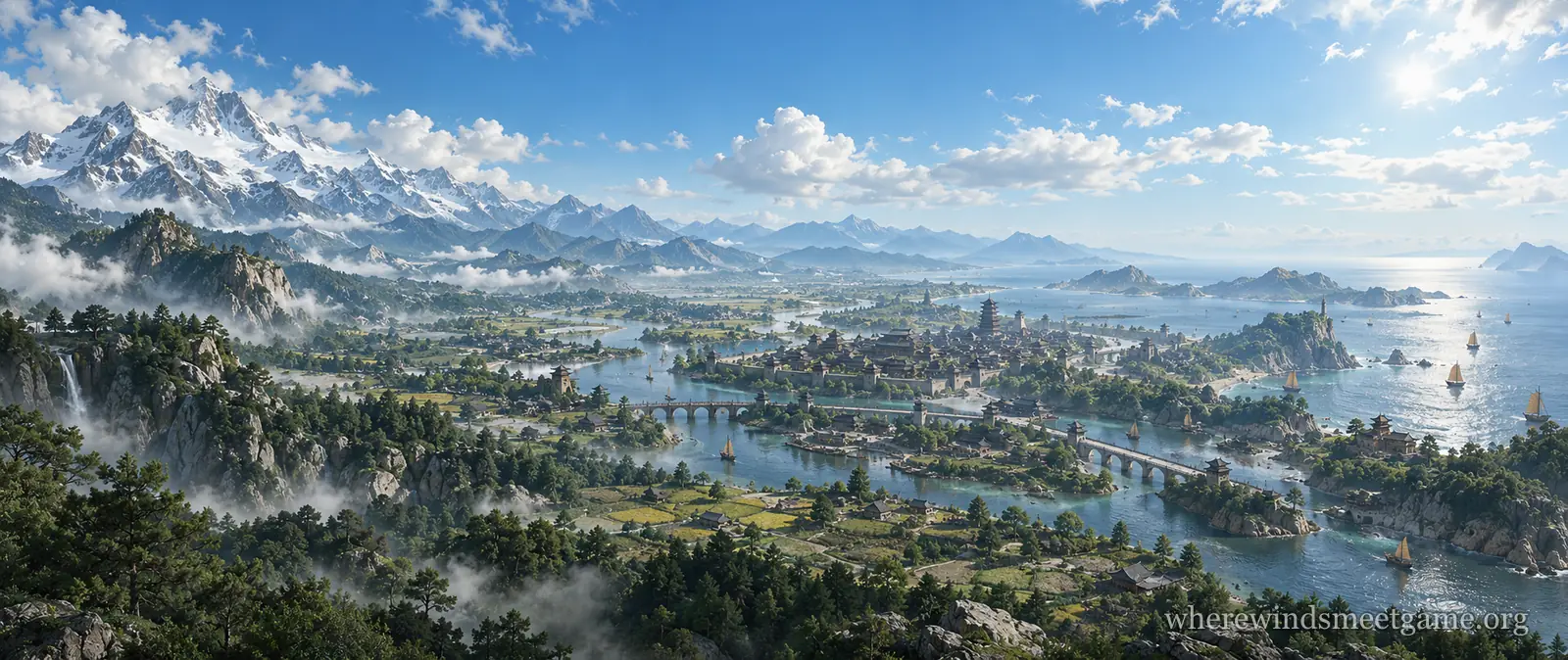 Illustration of a wide panorama with snowy peaks on the left, green valleys and a river city in the middle and a sea coast with sailing boats on the right, under a bright sky