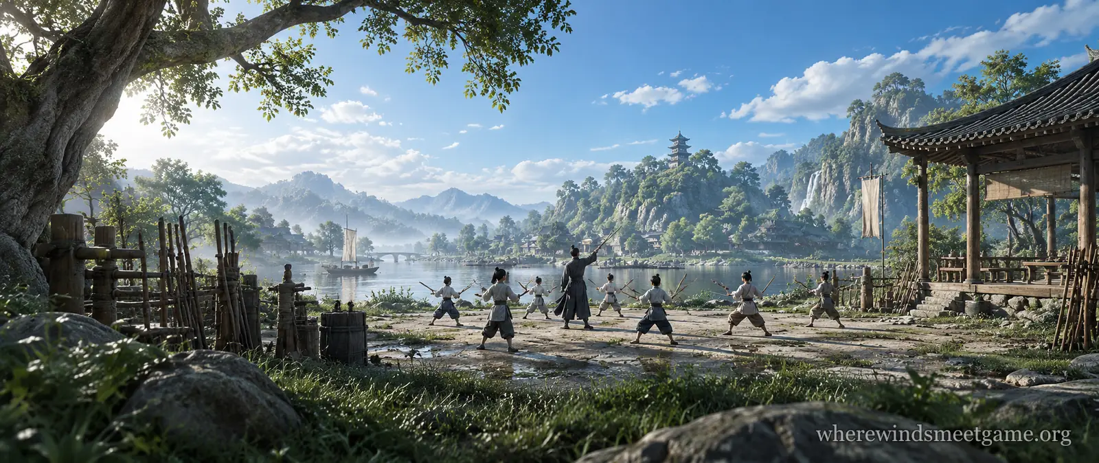 Illustration of a training yard by a river in morning light where several students practice with swords and staffs under an instructor, with weapon racks, a pavilion and green hills across the water