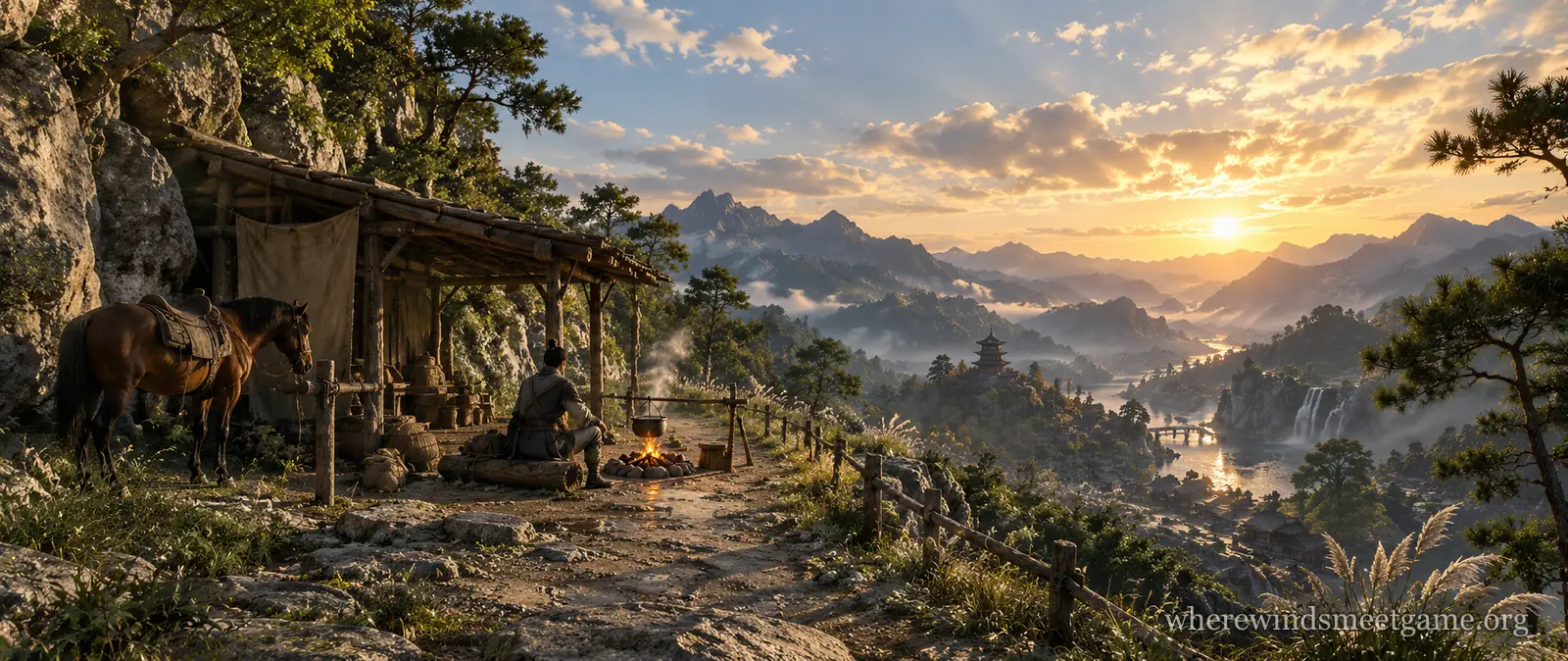 Illustration of a traveler resting by a small campfire under a roadside shelter in the mountains at golden hour, with a pot over the fire, a horse tied nearby and a valley in the sunset beyond