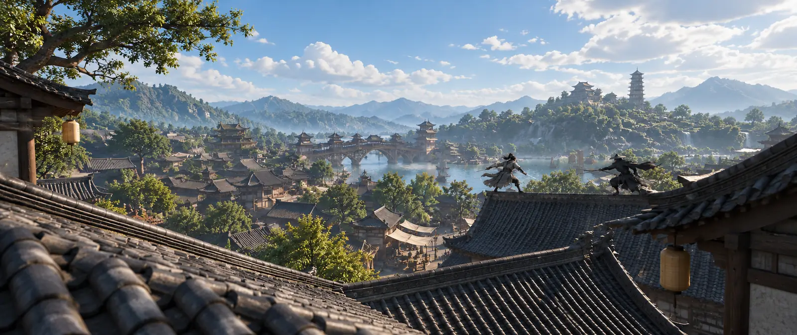 Illustration of two small fighters dueling on the tiled rooftops of a town in the afternoon, with a river, a stone bridge, a pagoda and hills in the distance
