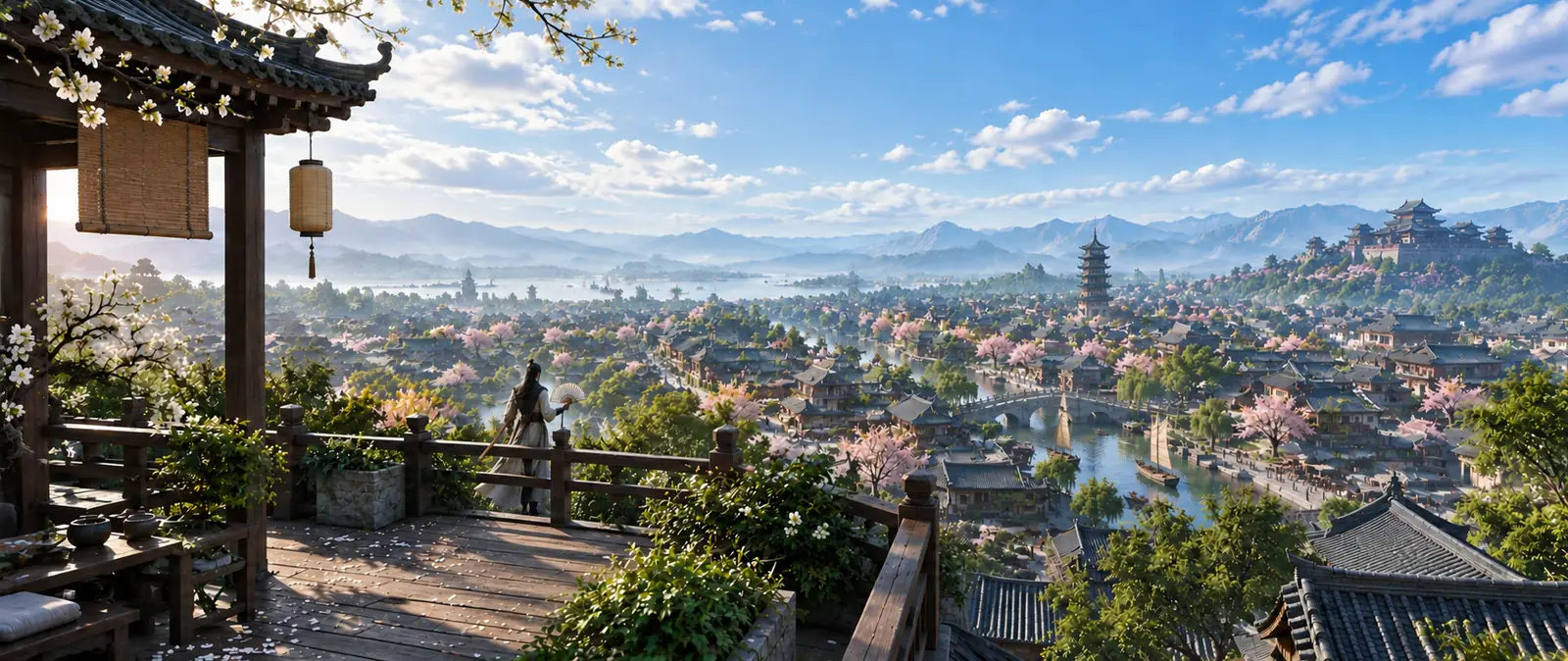Illustration of a figure seen from behind in a blossoming rooftop garden in spring, holding a closed umbrella and an open folding fan, looking out over a city of tiled roofs and a river