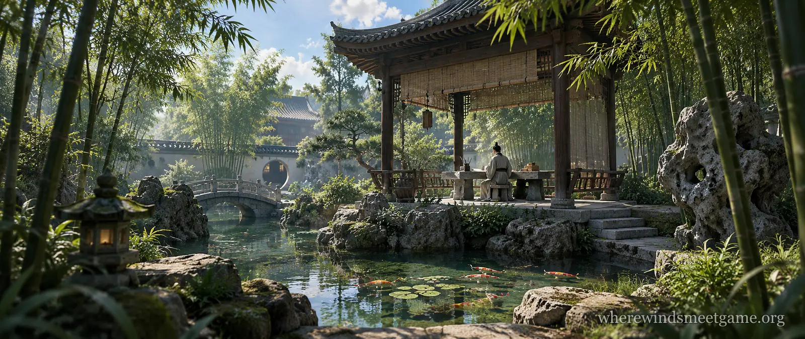 Illustration of a scholar seated at a stone table in a garden pavilion surrounded by bamboo, with a pond of koi and water lilies, a stone lantern and a small arched bridge