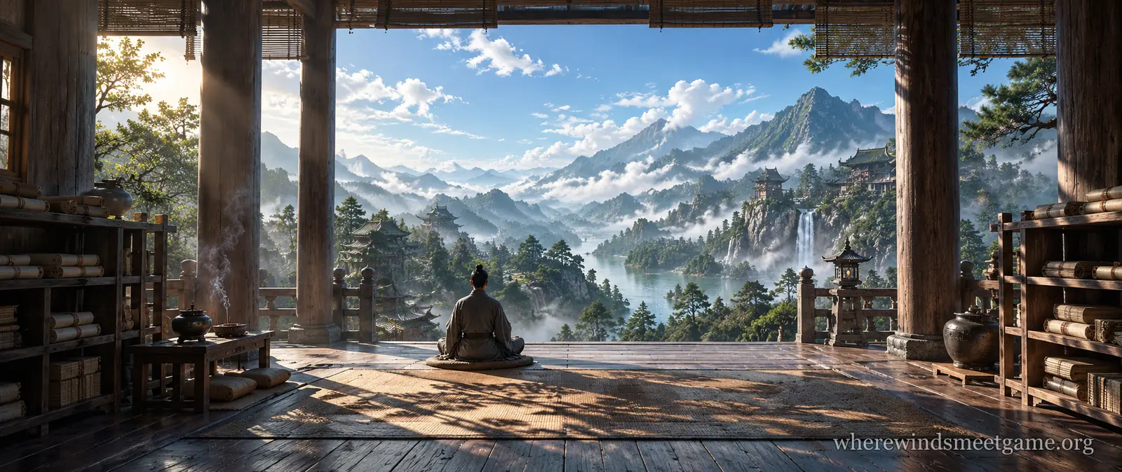 Illustration of a figure seen from behind meditating on a cushion in an open temple hall, with shelves of scrolls on both sides and a view of mountains, a waterfall and a lake