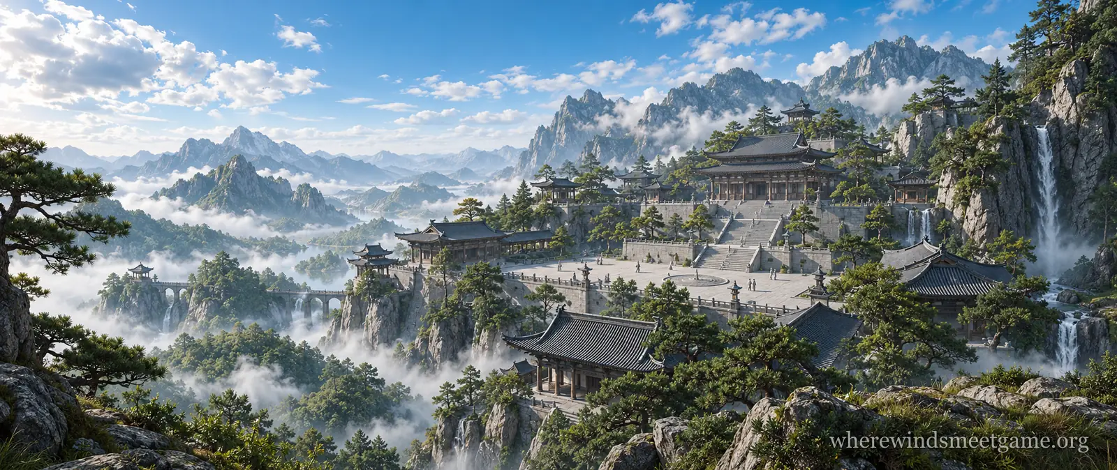 Illustration of a mountain sect compound above a sea of clouds: tiers of grey-tiled halls, stone stairways and a wide courtyard where a few small robed figures walk, with pines and a waterfall