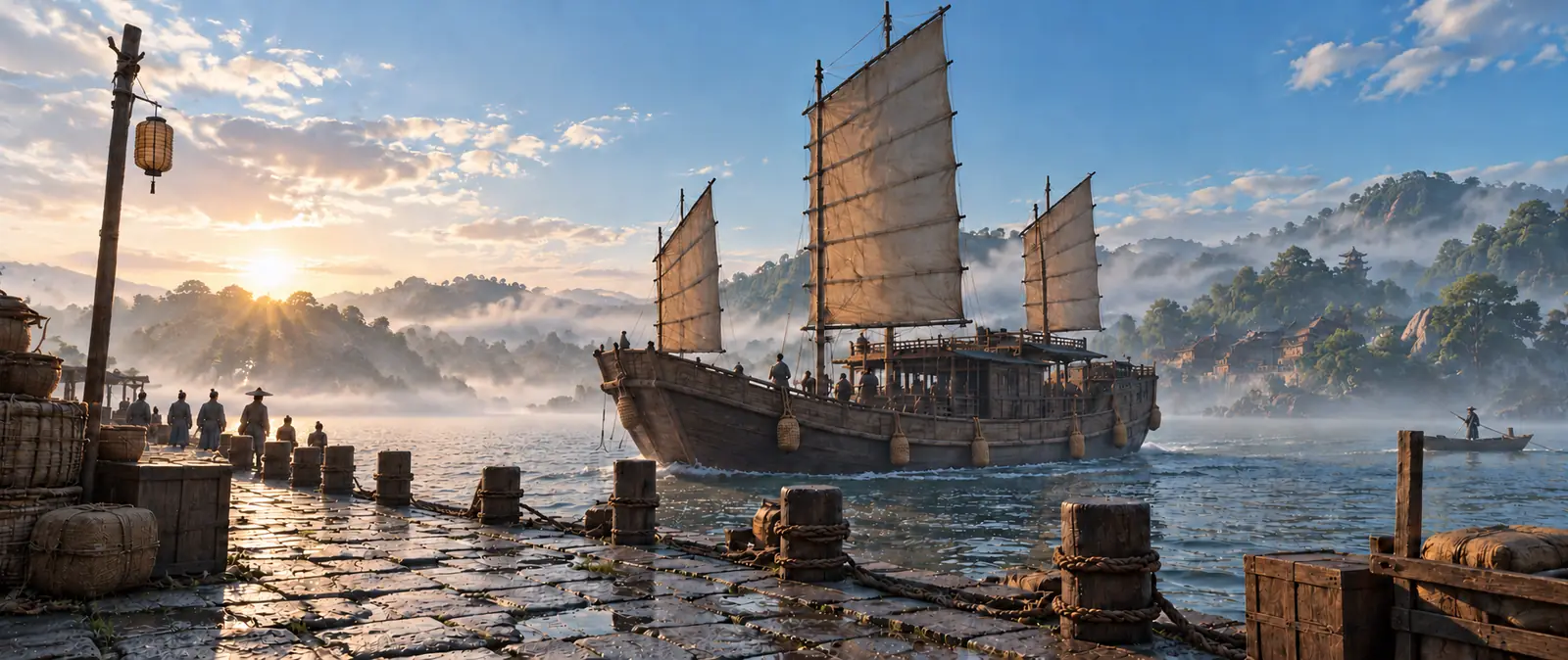 Illustration of a large wooden sailing ship with three plain sails arriving at a stone pier at dawn, with travelers waiting on the pier and misty wooded hills across the water
