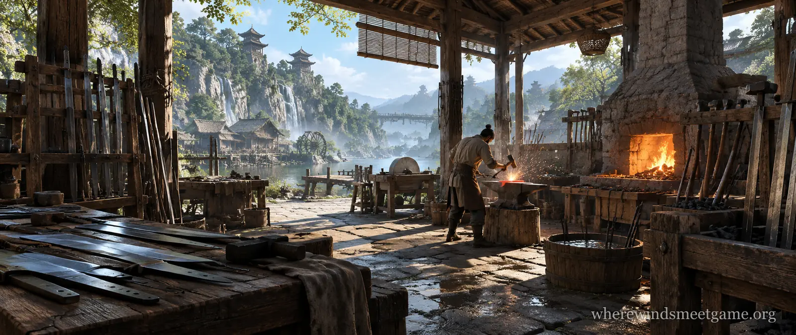 Illustration of a blacksmith workshop with a glowing forge, an anvil and racks of half-finished blades, a smith hammering at work, and cliffs, waterfalls and towers seen through the open side
