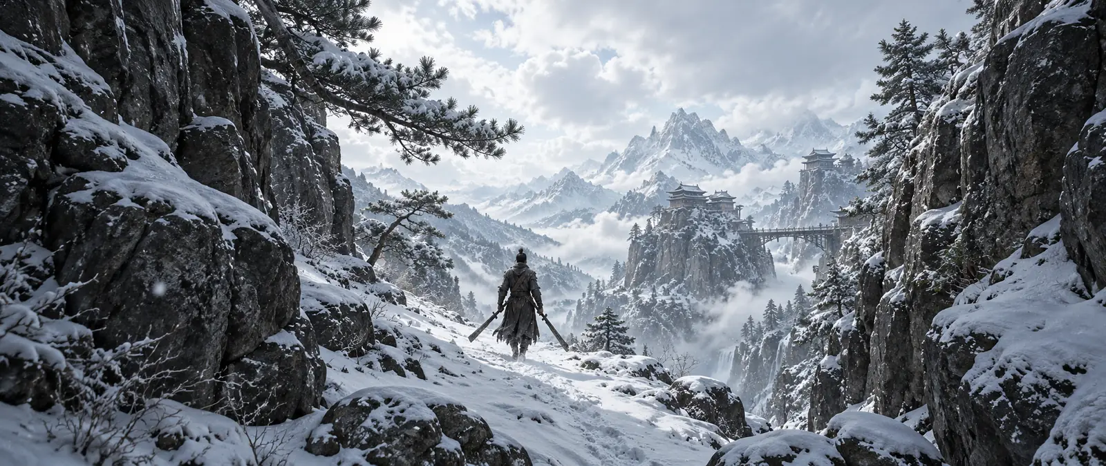 Illustration of a warrior carrying two large blades through a snowy mountain pass between rocky cliffs, with pines dusted white and temples on distant peaks