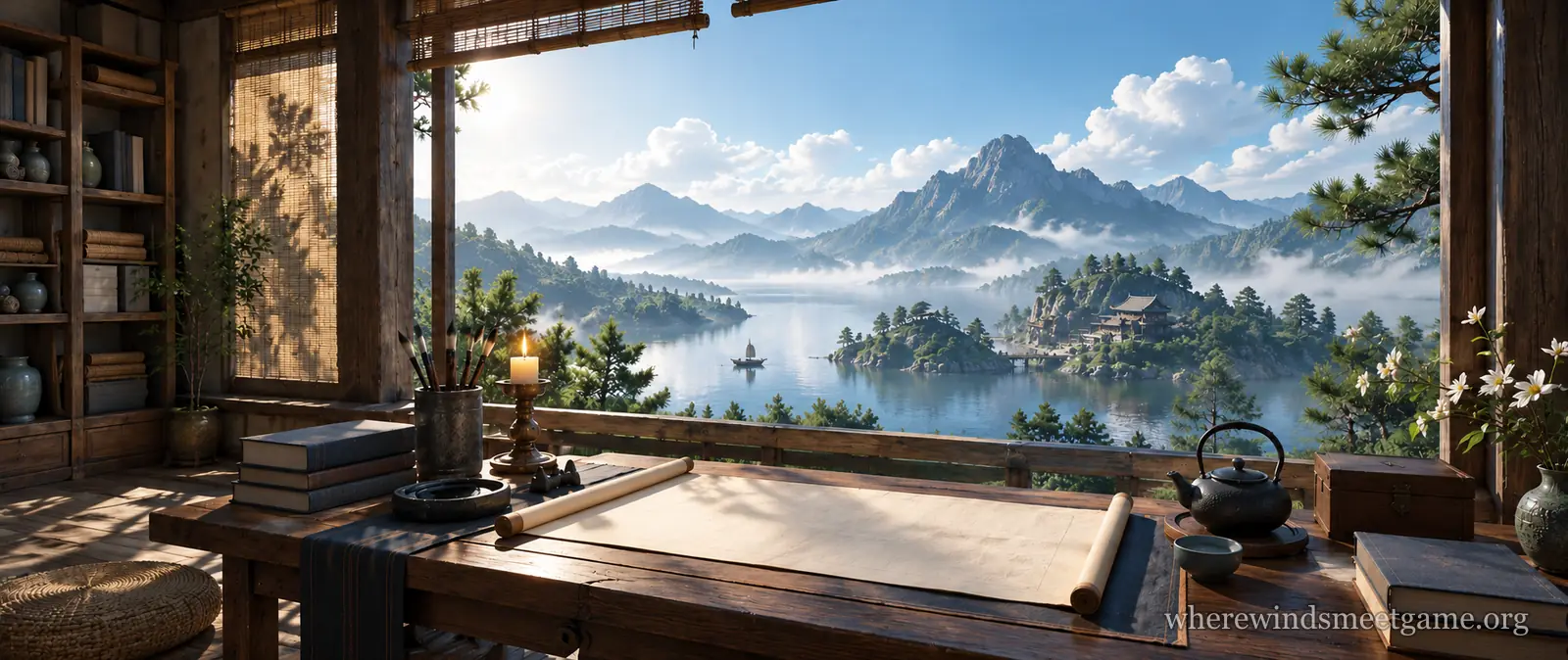 Illustration of a wooden study with a desk by an open window, holding books, brushes, an ink stone, a candle and a rolled blank map, overlooking a misty lake and mountains