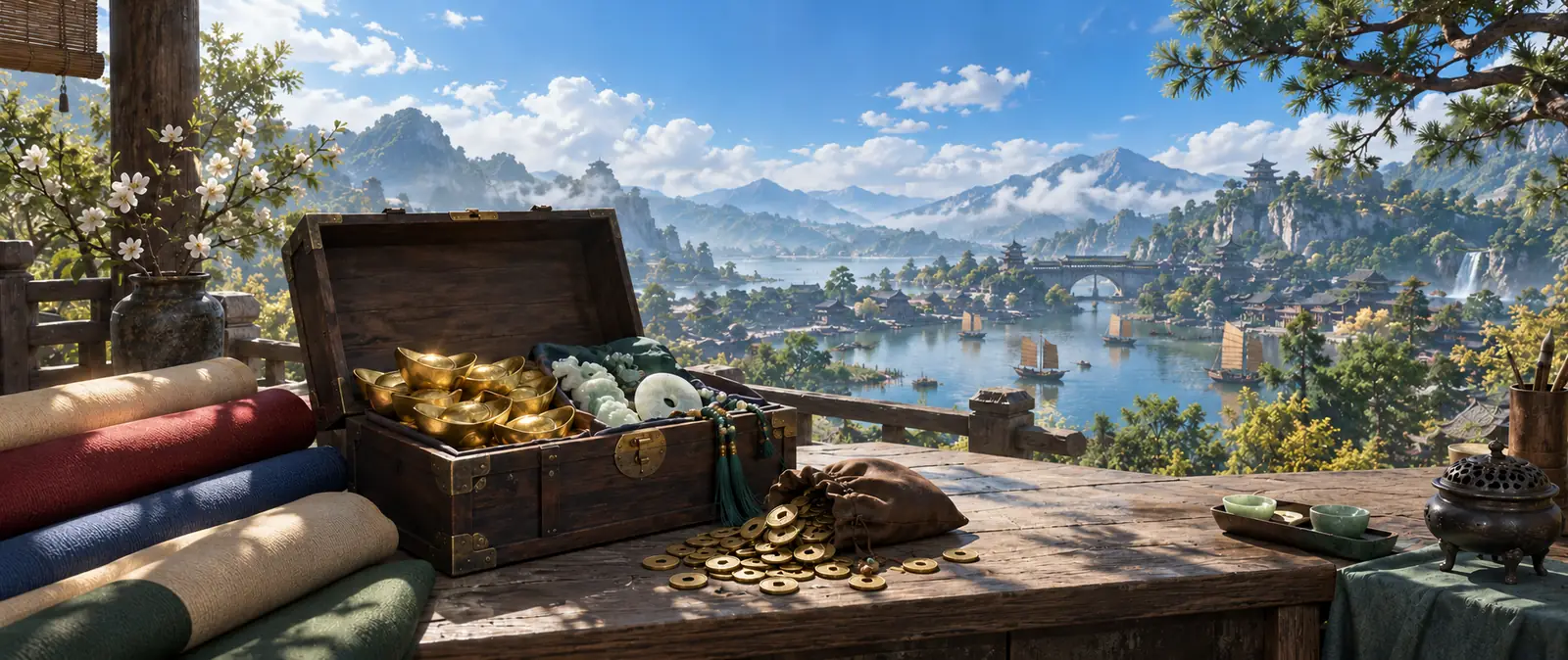Illustration of a sunlit wooden table on a balcony holding an open chest of gold ingots and jade pieces, rolls of silk and a pouch of spilled coins, with a lake town and mountains behind