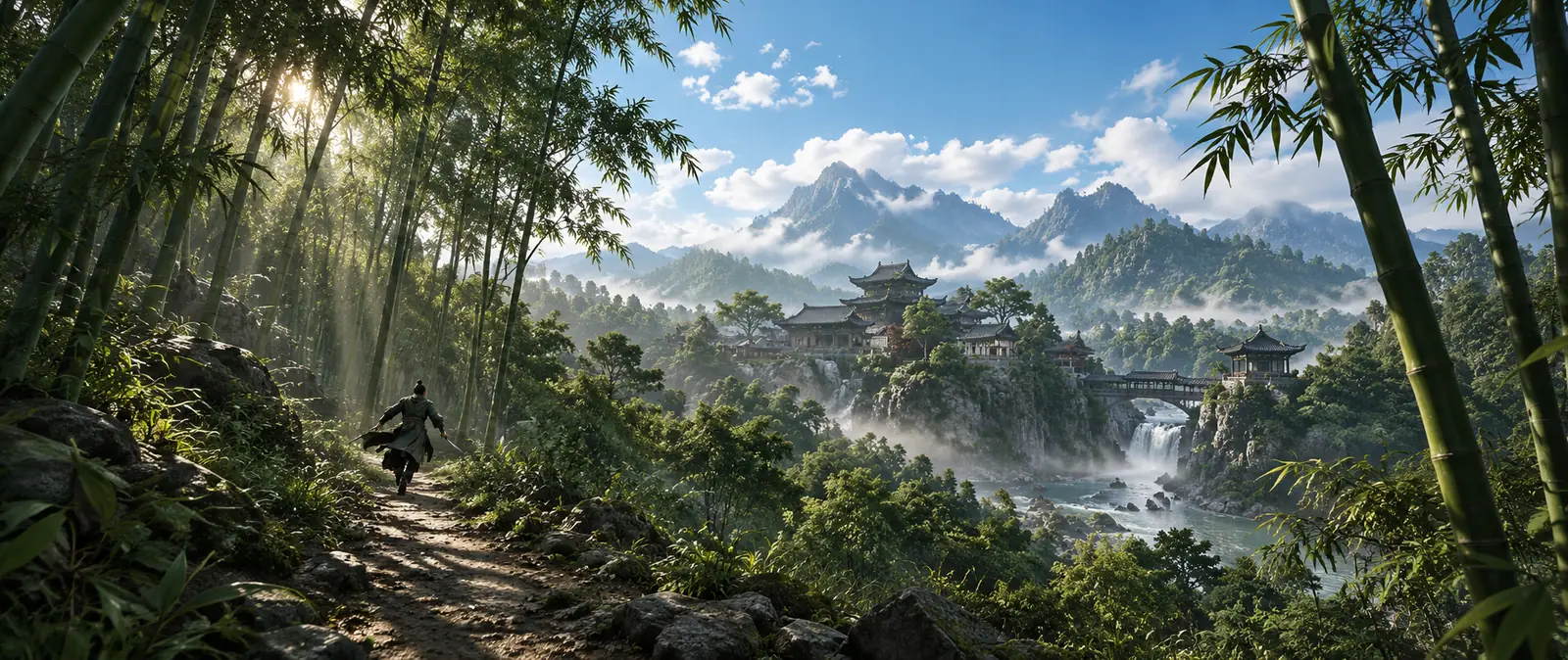 Illustration of a small figure in dark robes running along a path through a sunlit bamboo forest, with temple roofs, a waterfall and mountains in the valley beyond