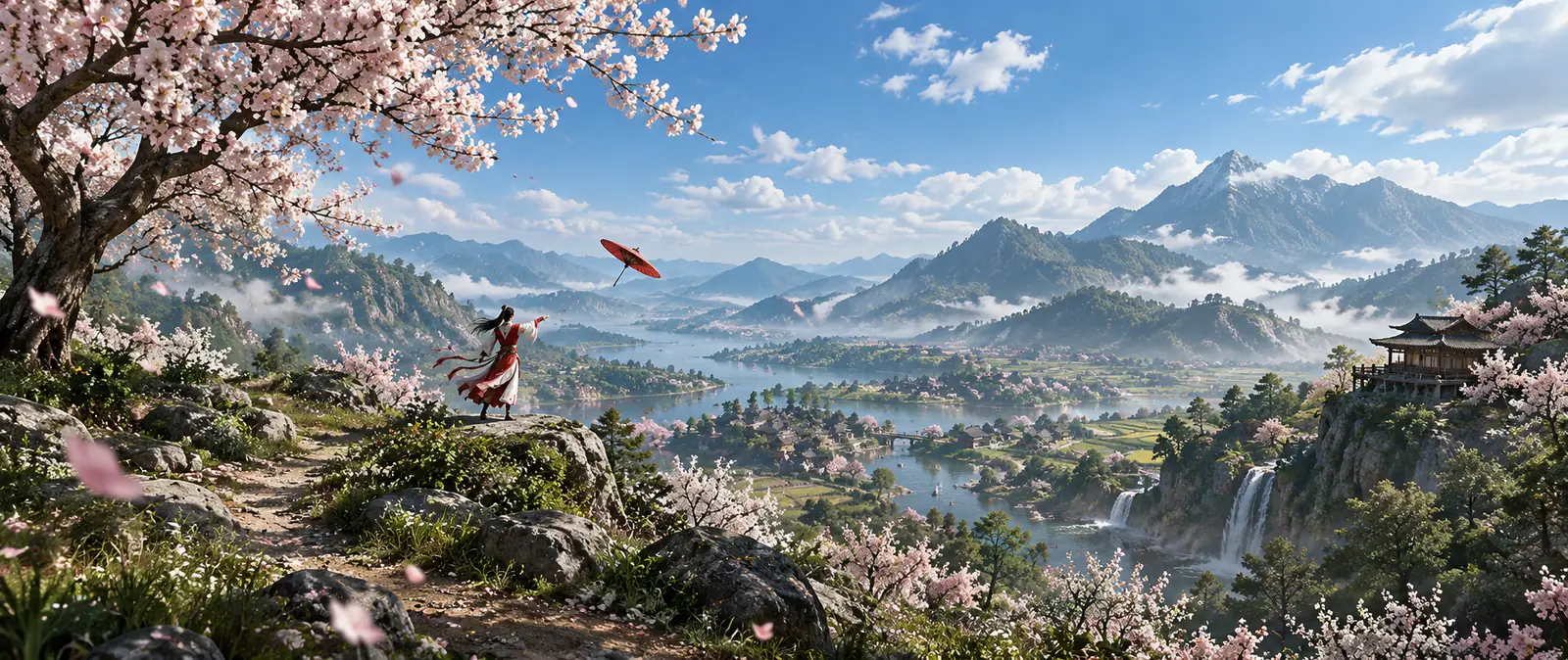 Illustration of a small figure in red and white robes on a hillside of blossoming trees, with a red oil-paper umbrella spinning through the air above a river valley and mountains