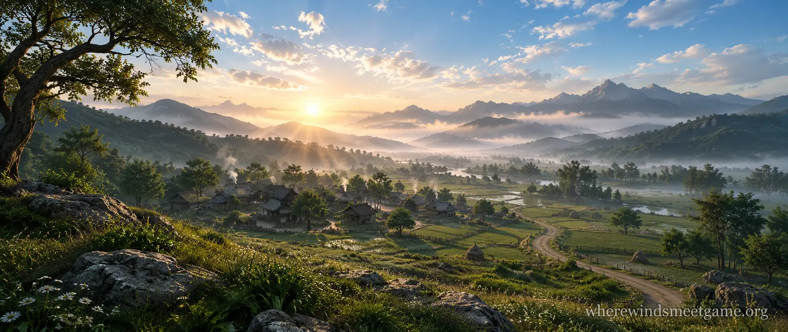 Illustration of a sunrise over a gentle green valley with a small village, a road leading out of it and morning mist over the fields